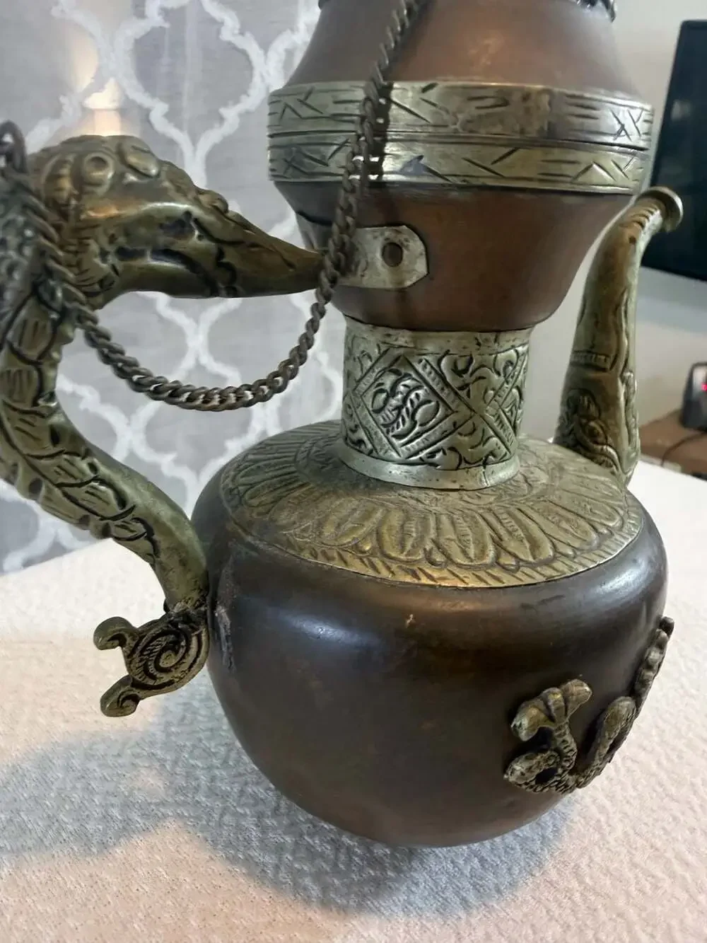 Vintage Handcrafted Tibetan Style Copper and Brass Dragon Teapot Ewer